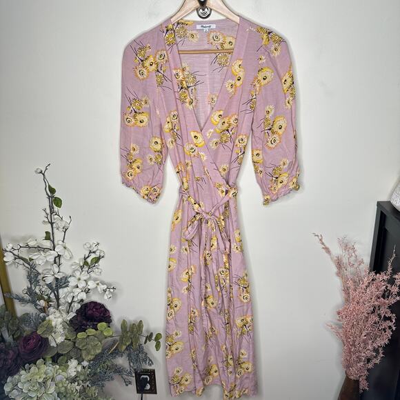 MADEWELL Linen-Blend Ruffle-Cuff Wrap Dress in Dutch Dandelions Sz XS {K7} - Picture 2 of 6